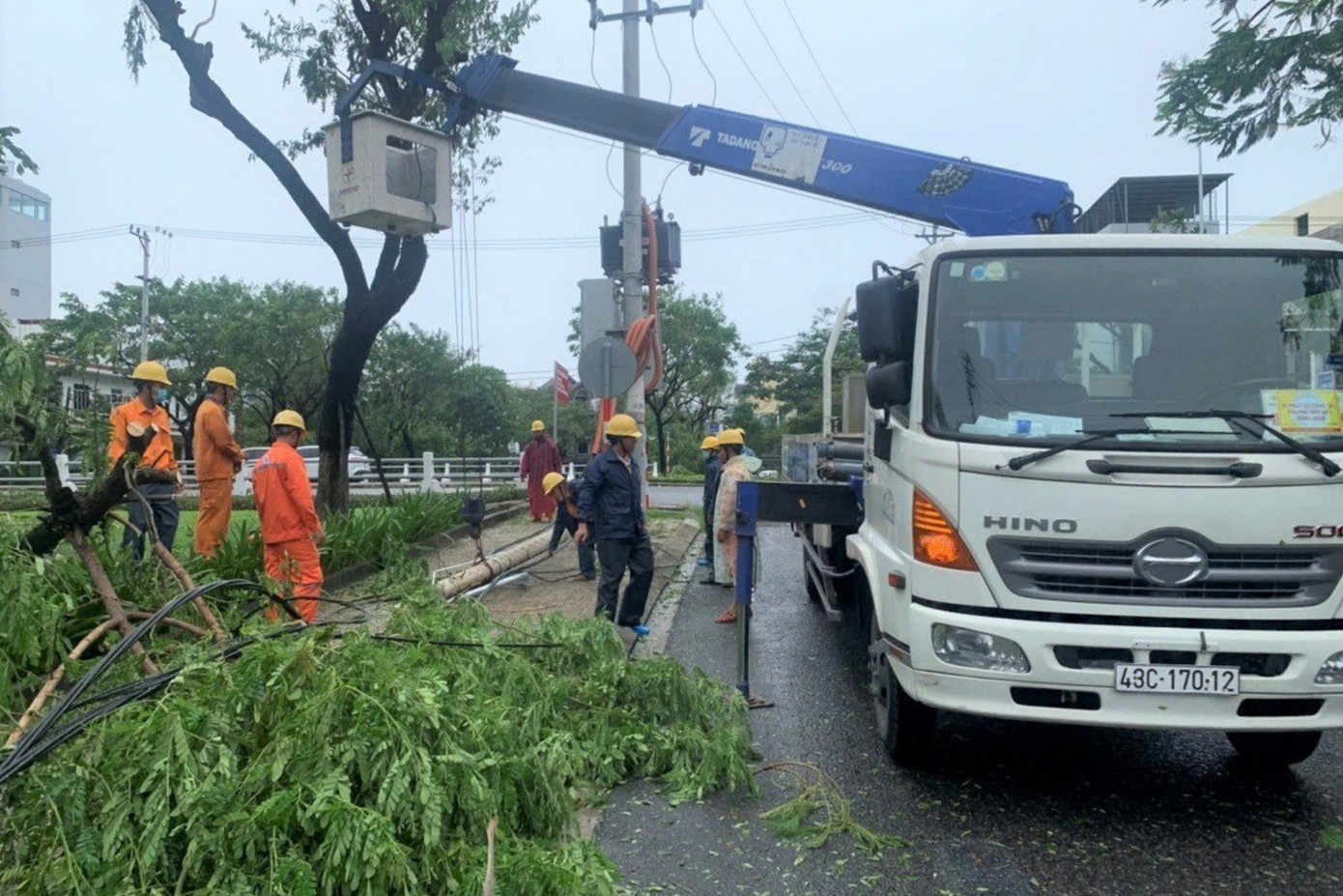 Công nhân điện lực miền Trung khắc phục lại lưới điện sau bão.