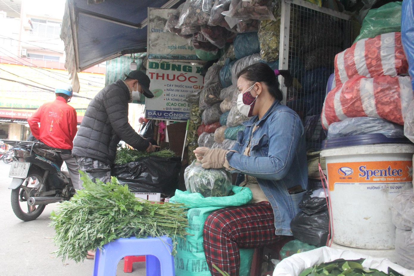 Tại các tiệm thuốc nam, ngoài gừng, sả, chanh, "combo xông" còn có thêm ngải cứu, lá bưởi... Tại các tiệm thuốc nam, ngoài gừng, sả, chanh, "combo xông" còn có thêm ngải cứu, lá bưởi...