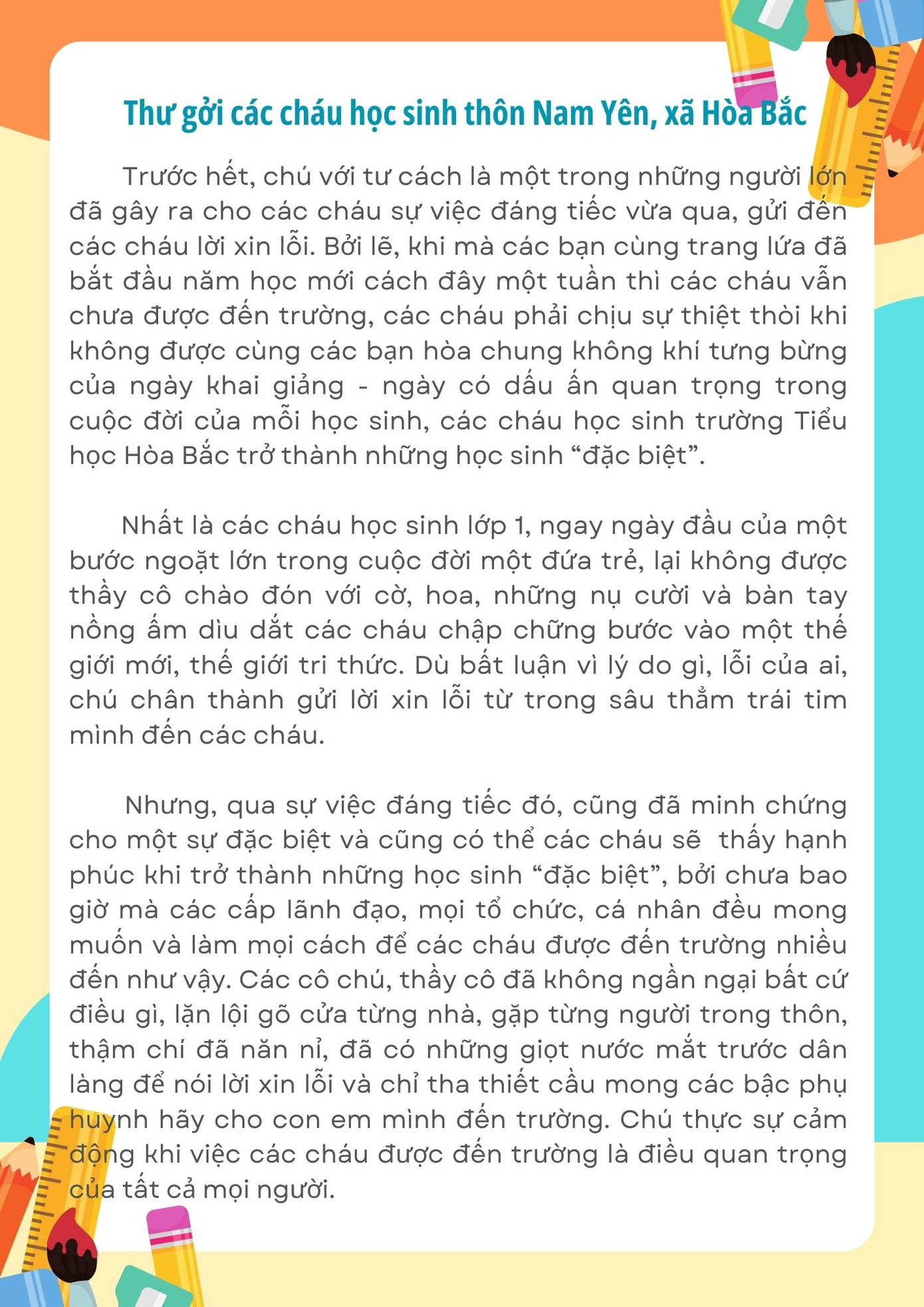 Tâm thư của Bí thư Huyện ủy Hòa Vang gửi các em học sinh thôn Nam Yên.