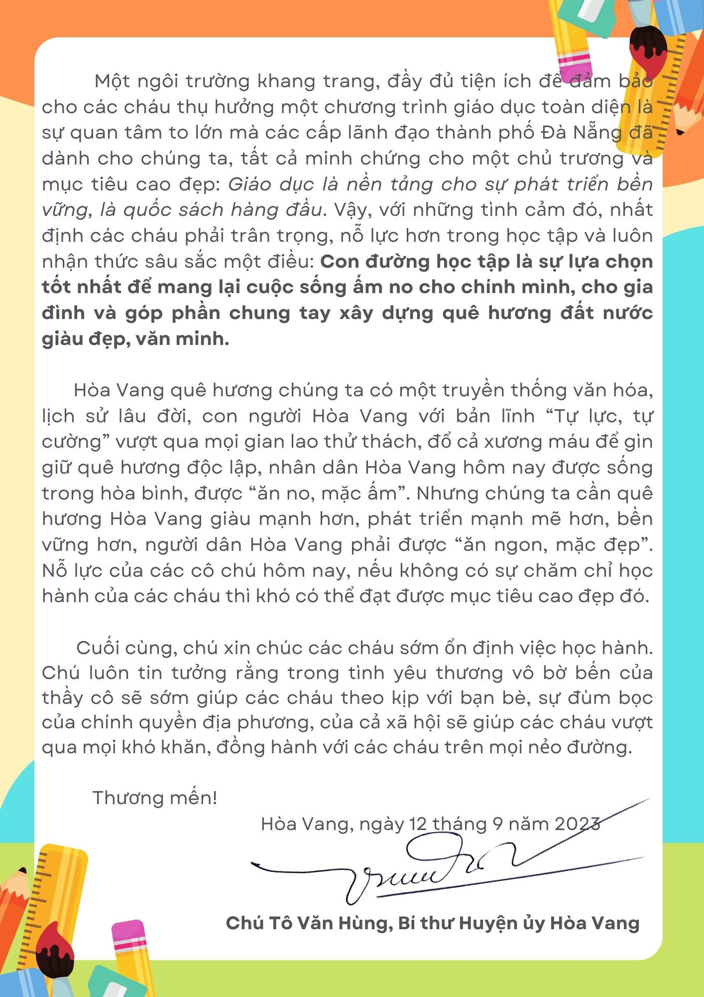 Tâm thư của Bí thư Huyện ủy Hòa Vang gửi các em học sinh thôn Nam Yên.