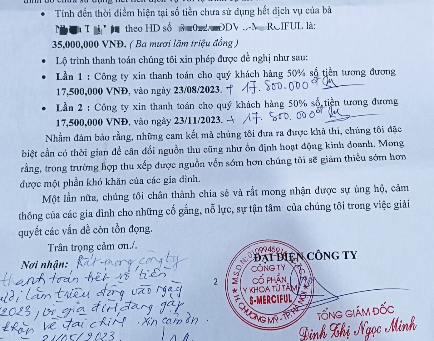 Công ty CP Y khoa Từ Tâm S-Merciful đưa ra lộ trình thanh toán số tiền còn nợ cụ thể.