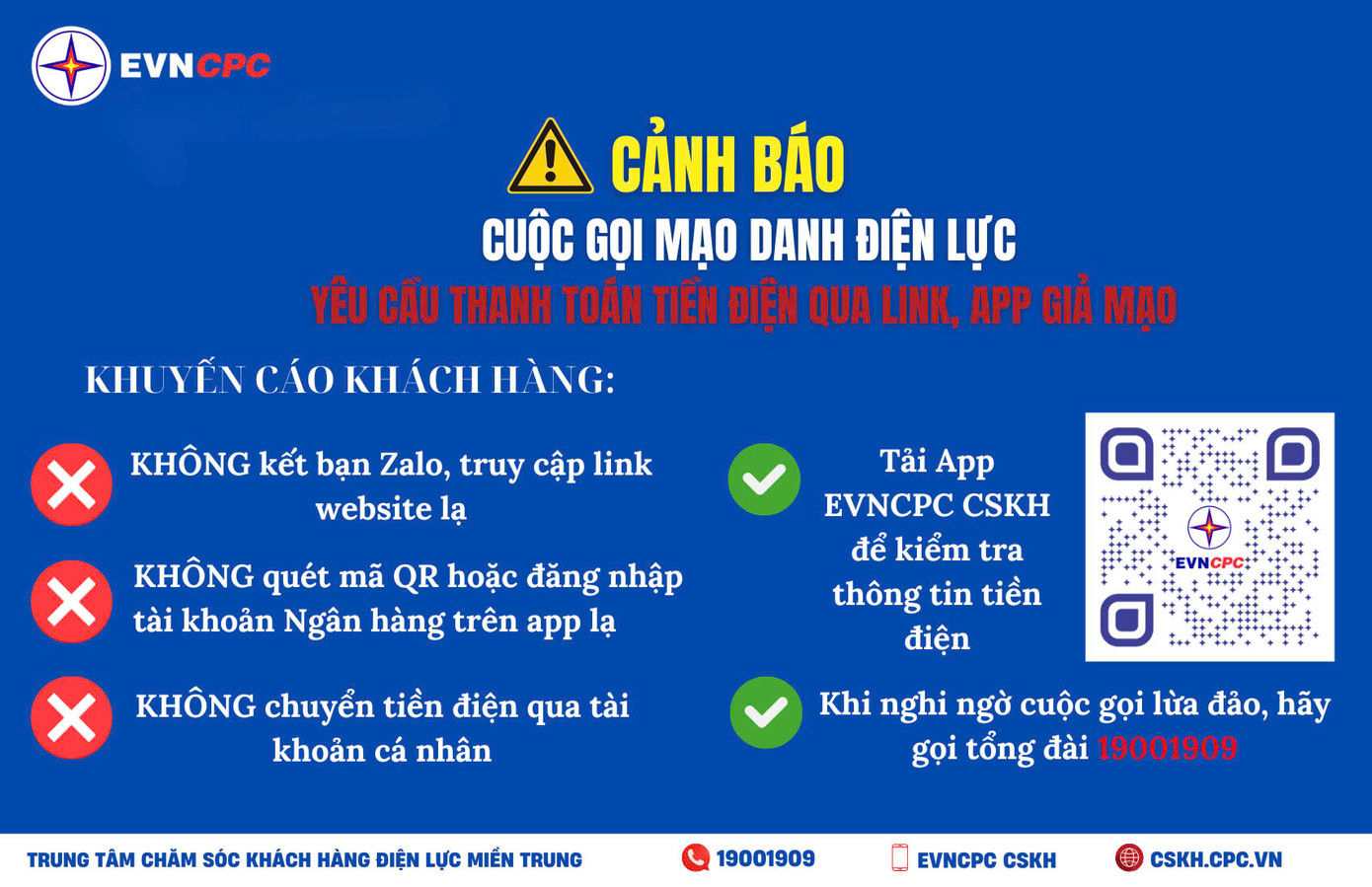 Tổng công ty Điện lực miền Trung khuyến cáo người dân cảnh giác trước những cuộc gọi yêu cầu thanh toán tiền điện. Tổng công ty Điện lực miền Trung khuyến cáo người dân cảnh giác trước những cuộc gọi yêu cầu thanh toán tiền điện.