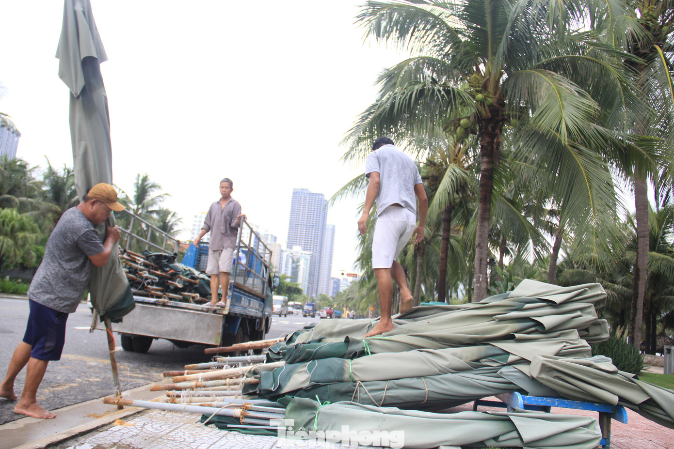 Các hộ thuê xe tải chở về nhà cất giữ. Hết bão lại chuyển ra biển để tiếp tục kinh doanh.