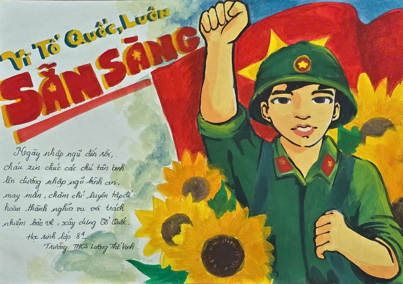 Tranh cùng lời nhắn gửi của các em học sinh gửi các tân binh.