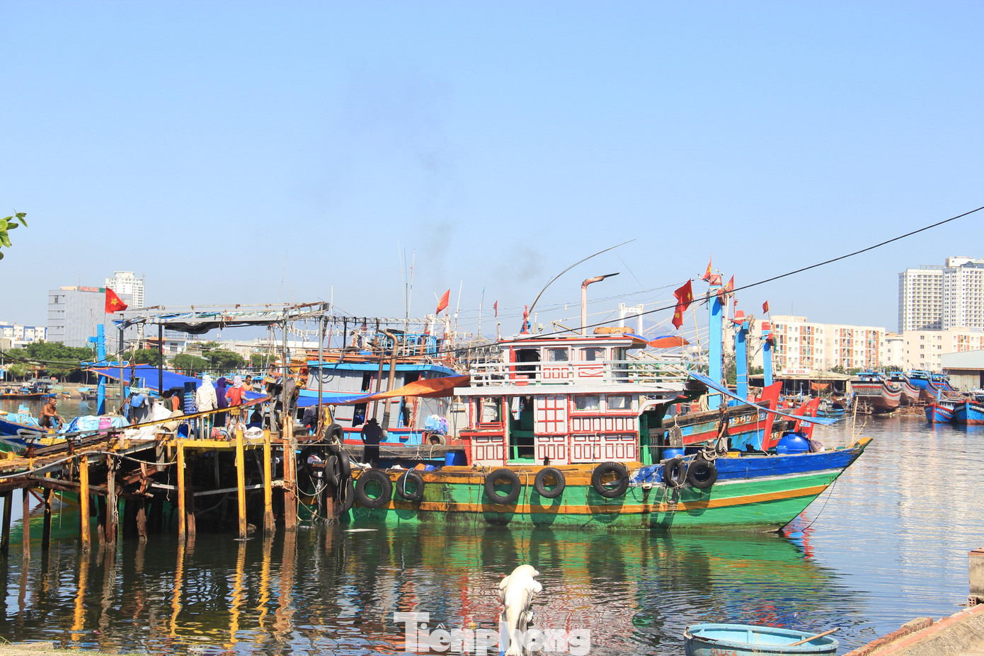 Tàu cá liên tục cập vào cầu để tiếp đá. Tàu cá liên tục cập vào cầu để tiếp đá.