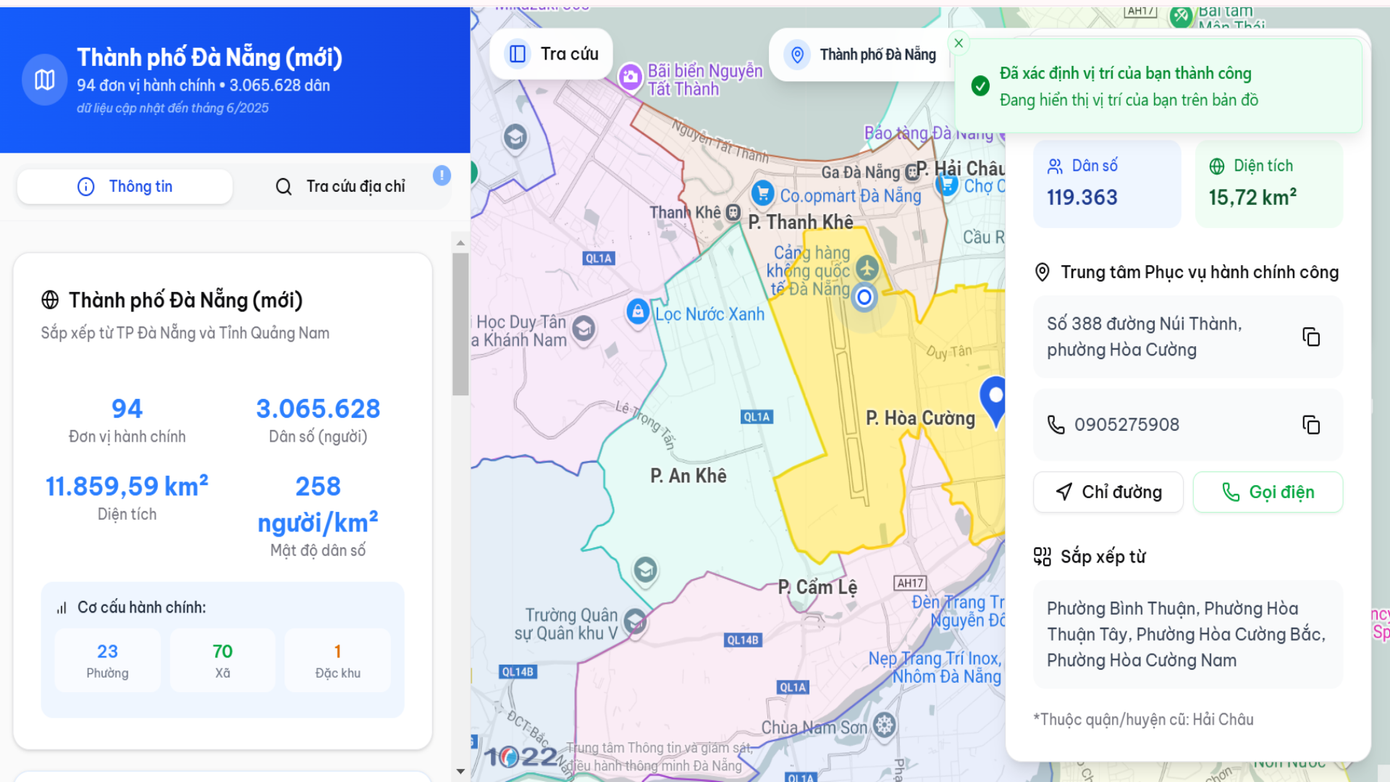 Bản đồ số xác định vị trí hiện tại của người dân kèm thông tin về xã, phường mới.
