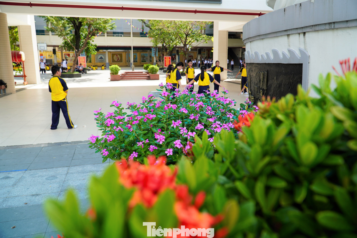 Trường THCS Tây Sơn trông như khách sạn. Mặt tiền có hệ lam chắn nắng từ tầng 3 đổ xuống, xen kẽ là những ban công đầy cây xanh. Ảnh: Thanh Hiền.