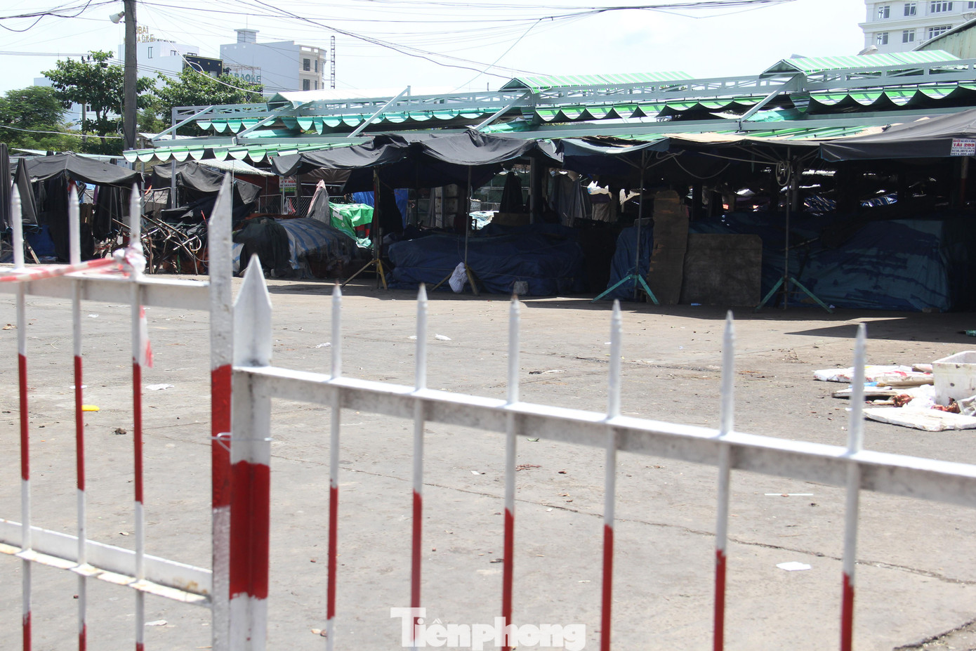Các quầy hàng trong chợ đầu mối đã phủ bạt, ngừng hoạt động từ sáng 12/8. Ảnh: Thanh Trần.