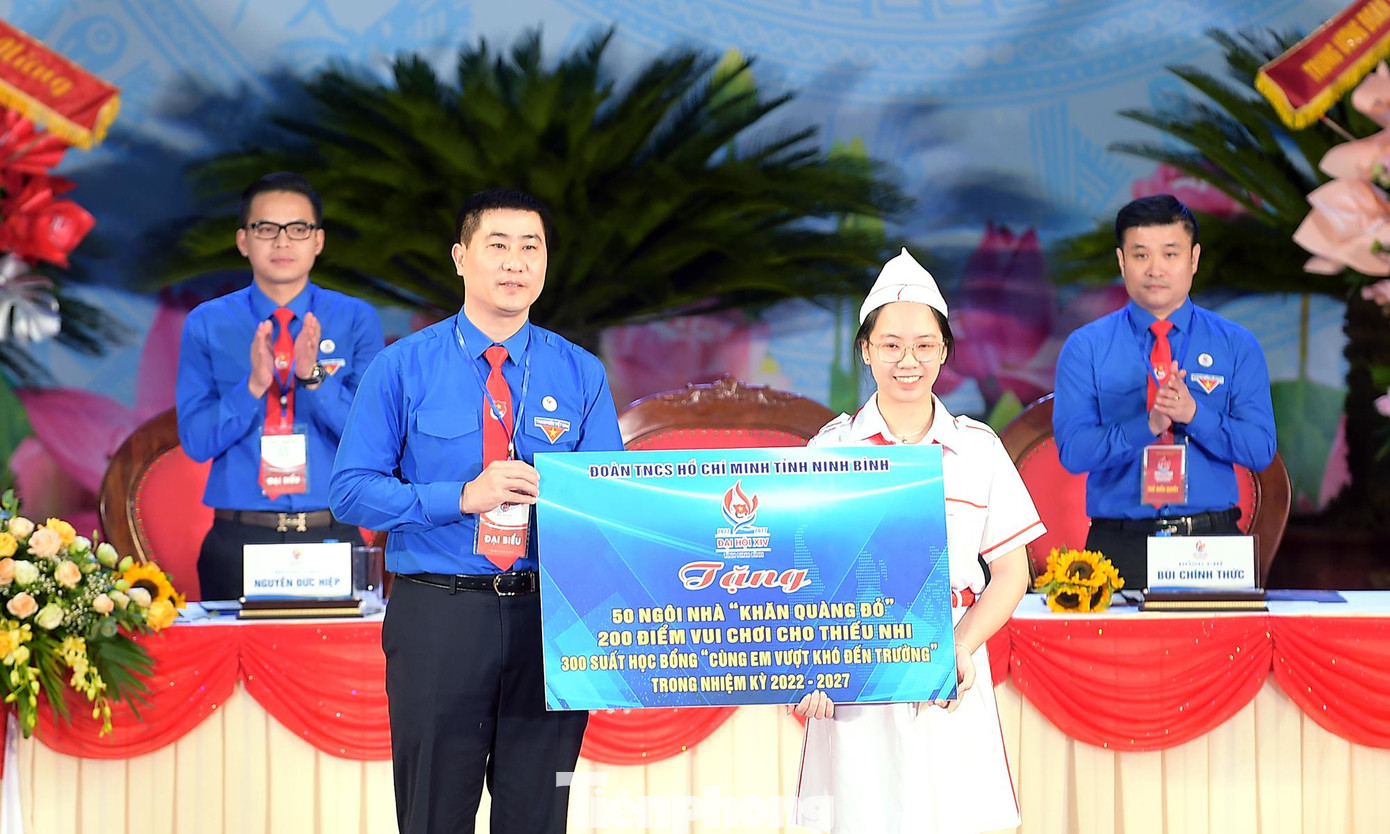 Đoàn TNCS Hồ Chí Minh tỉnh Ninh Bình tặng công trình Ngôi nhà "Khăn quàng đỏ" và các điểm vui chơi, học bổng "Cùng em vượt khó đến trường" tới thiếu nhi trong tỉnh. Anh Trịnh Như Lâm trao biển công trình.