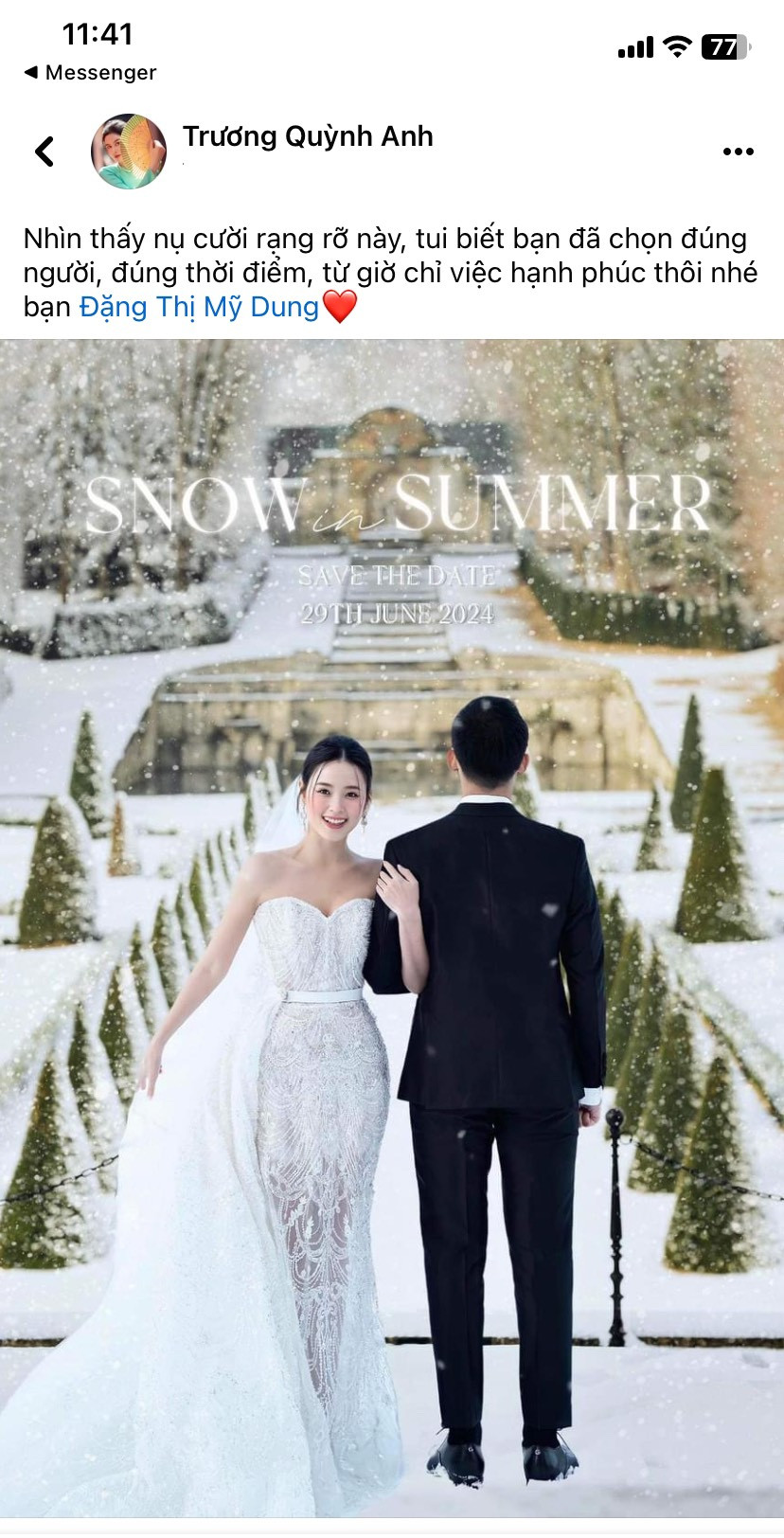 Trương Quỳnh Anh cũng đã nhận lời mời và mong đợi ngày đi ăn cưới. Cô hy vọng Midu sẽ mãi hạnh phúc khi tiến tới hôn nhân.