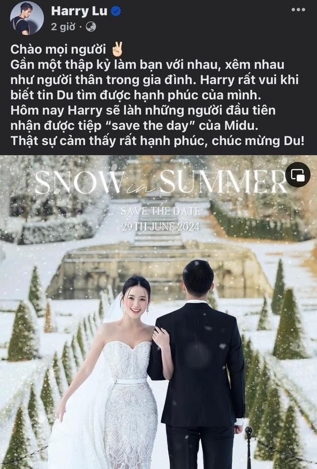 Diễn viên Harry Lu là một trong những người đầu tiên được nhận lời mời từ Midu. Nam diễn viên không giấu nổi sự xúc động khi bạn thân đã tìm được hạnh phúc.