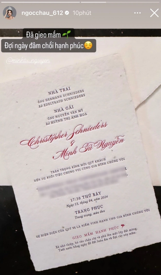 Hoa hậu Ngọc Châu cũng không thể bỏ lỡ dịp trọng đại này của đồng nghiệp.