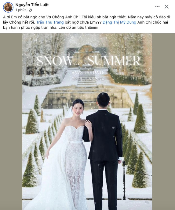 Vợ chồng diễn viên Thu Trang - Tiến Luật hào hứng khi cô em gái thân thiết chính thức tạm biệt cuộc sống độc thân.