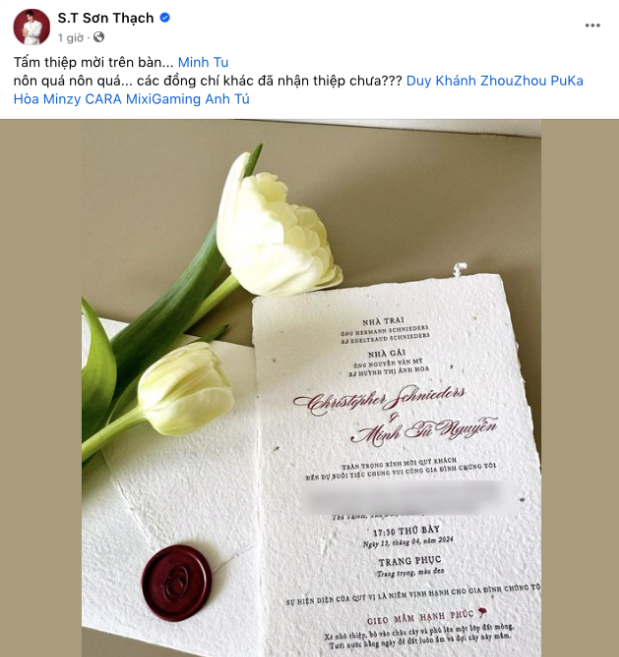 ST Sơn Thạch bày tỏ sự nôn nóng đợi đến ngày tham dự đám cưới Minh Tú. Ngoài ra, các thành viên Sao Nhập Ngũ như Anh Tú, Độ Mixi nhiều khả năng cũng sẽ góp mặt.