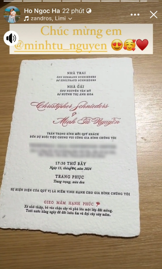 Hồ Ngọc Hà là một trong những nghệ sĩ đầu tiên hé lộ thiệp cưới của Minh Tú.