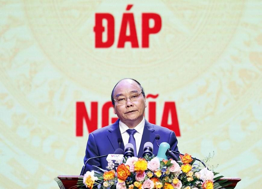 Chủ tịch nước Nguyễn Xuân Phúc phát biểu. (Ảnh: Thống Nhất/TTXVN)