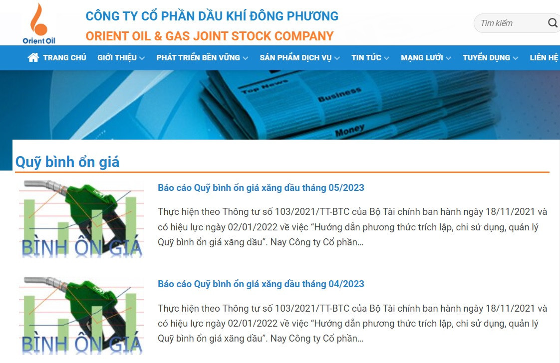 Báo cáo Quỹ bình ổn giá xăng dầu của Công ty CP Dầu khí Đông Phương gần nhất là tháng 5/2023 (Ảnh chụp màn hình tối 27/9).