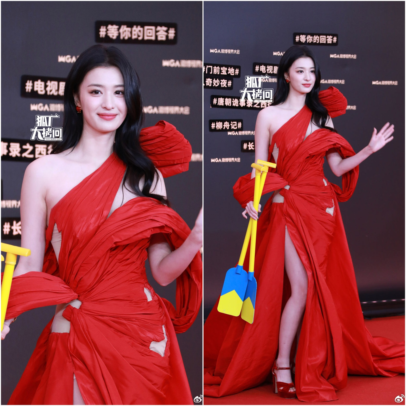 Vương Sở Nhiên được khen nhan sắc, thần thái nhưng bộ đồ bị chê cắt xẻ không tinh tế. Hình ảnh do studio nữ diễn viên đăng tải và ảnh thực tế về bộ váy khác nhau.