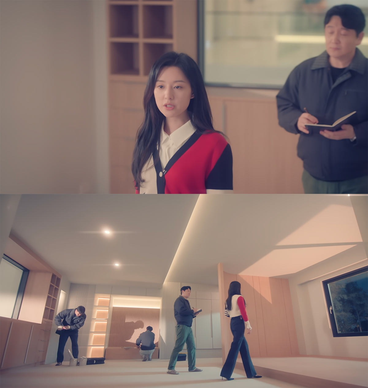 Nâng tầm bộ trang phục thường ngày, Hae In diện áo len Thom Browne kết hợp với áo sơ mi.