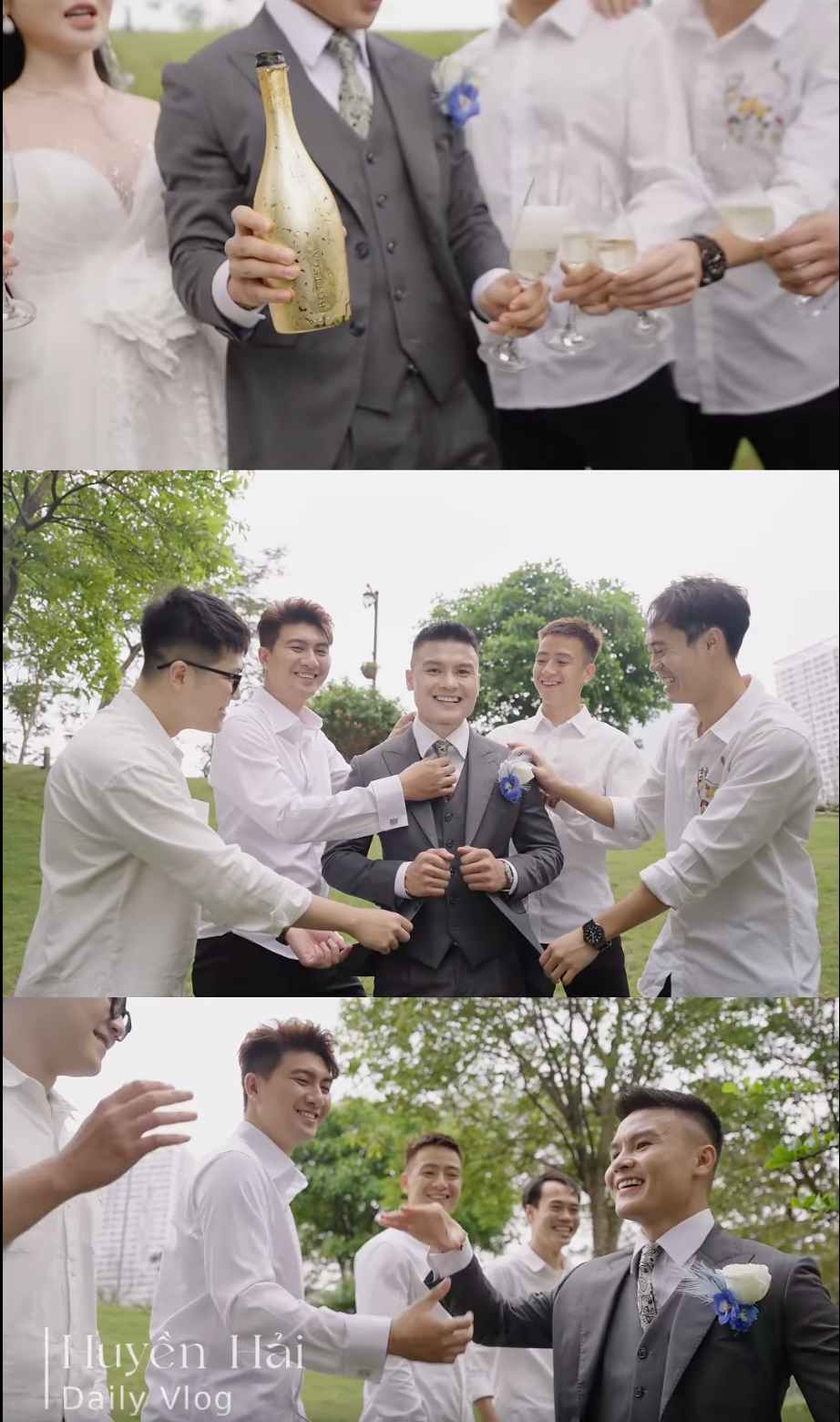 Quang Hải bảnh bao xuất hiện bên dàn phù rể và tạo hình của Chu Thanh Huyền trong tiệc thân mật chiều 6/4. Ảnh: Chu Thanh Huyền.