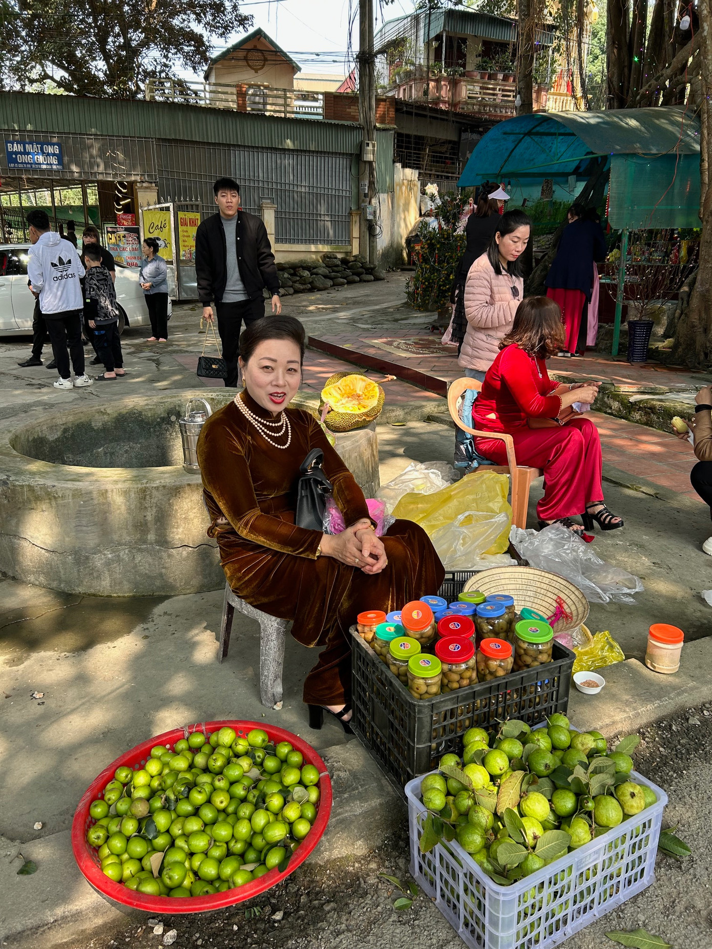 Chị có vẻ đẹp sắc sảo trong trong bộ áo dài nhung tuyết nâu vàng ánh kim với phụ kiện là những vòng ngọc trai, hoa tai và những chiếc nhẫn vàng, trang điểm khá đậm.