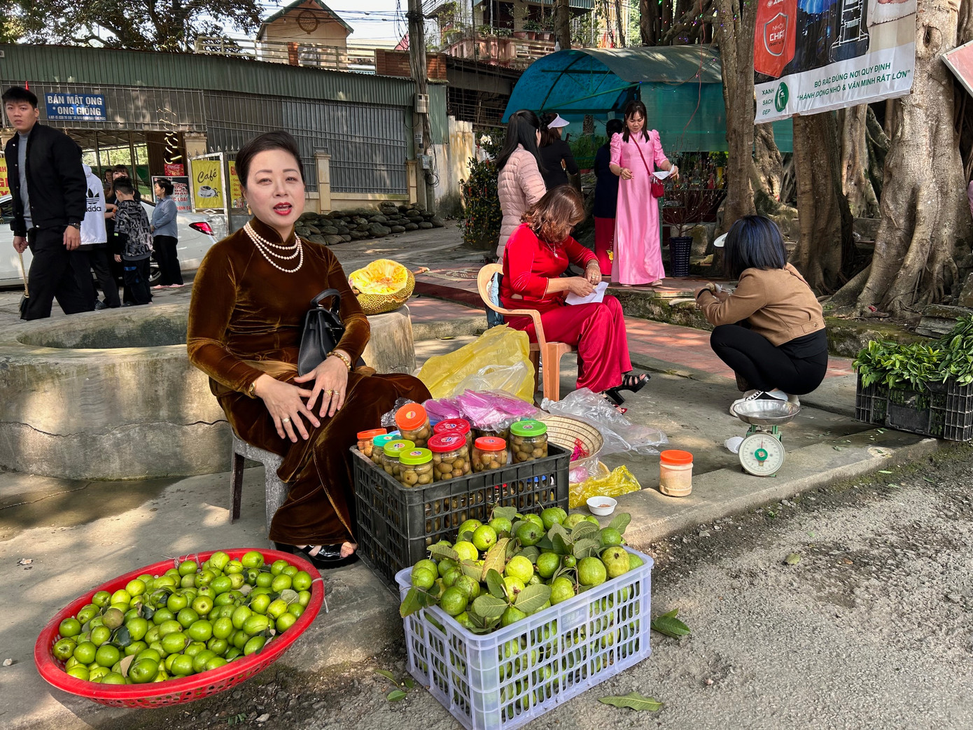 Người phụ nữ có tên Facebook là Phượng Trâm với tạo hình sang trọng như vậy nhưng lại ngồi bên mấy cái mẹt, cái thùng đựng ổi, táo và những lọ sung muối mà theo chị thì hái ở vườn nhà.