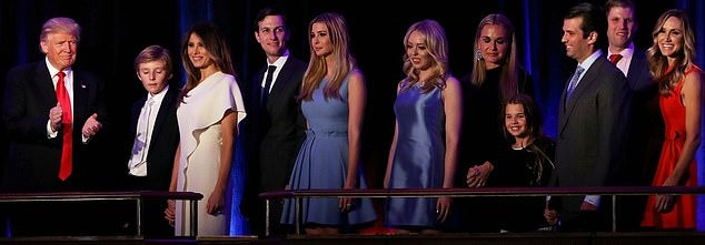 Donald Trump cùng các thành viên trong gia đình (từ trái sang phải): con trai Barron Trump, vợ Melania Trump, con rể Jared Kushner, các con gái Ivanka Trump và Tiffany Trump, con dâu cũ Vanessa Haydon, các con trai Donald Trump Jr và Eric Trump và con dâu Lara Trump, sau khi ông đánh bại Hilary Clinton trong cuộc bầu cử Tổng thống Hoa Kỳ năm 2016. Donald Trump cùng các thành viên trong gia đình (từ trái sang phải): con trai Barron Trump, vợ Melania Trump, con rể Jared Kushner, các con gái Ivanka Trump và Tiffany Trump, con dâu cũ Vanessa Haydon, các con trai Donald Trump Jr và Eric Trump và con dâu Lara Trump, sau khi ông đánh bại Hilary Clinton trong cuộc bầu cử Tổng thống Hoa Kỳ năm 2016.