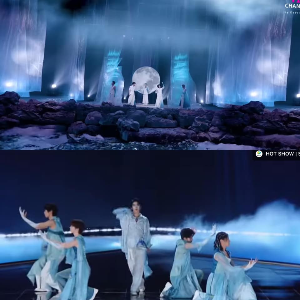 Sân khấu Sóng vỗ vỡ bờ nhóm Anh Tú (áo trắng) bị tố sao chép sân khấu Chú cá voi hóa thân của hòn đảo cô độc nhóm Lưu Vũ trong Sáng tạo doanh (2021). Sân khấu Sóng vỗ vỡ bờ nhóm Anh Tú (áo trắng) bị tố sao chép sân khấu Chú cá voi hóa thân của hòn đảo cô độc nhóm Lưu Vũ trong Sáng tạo doanh (2021).