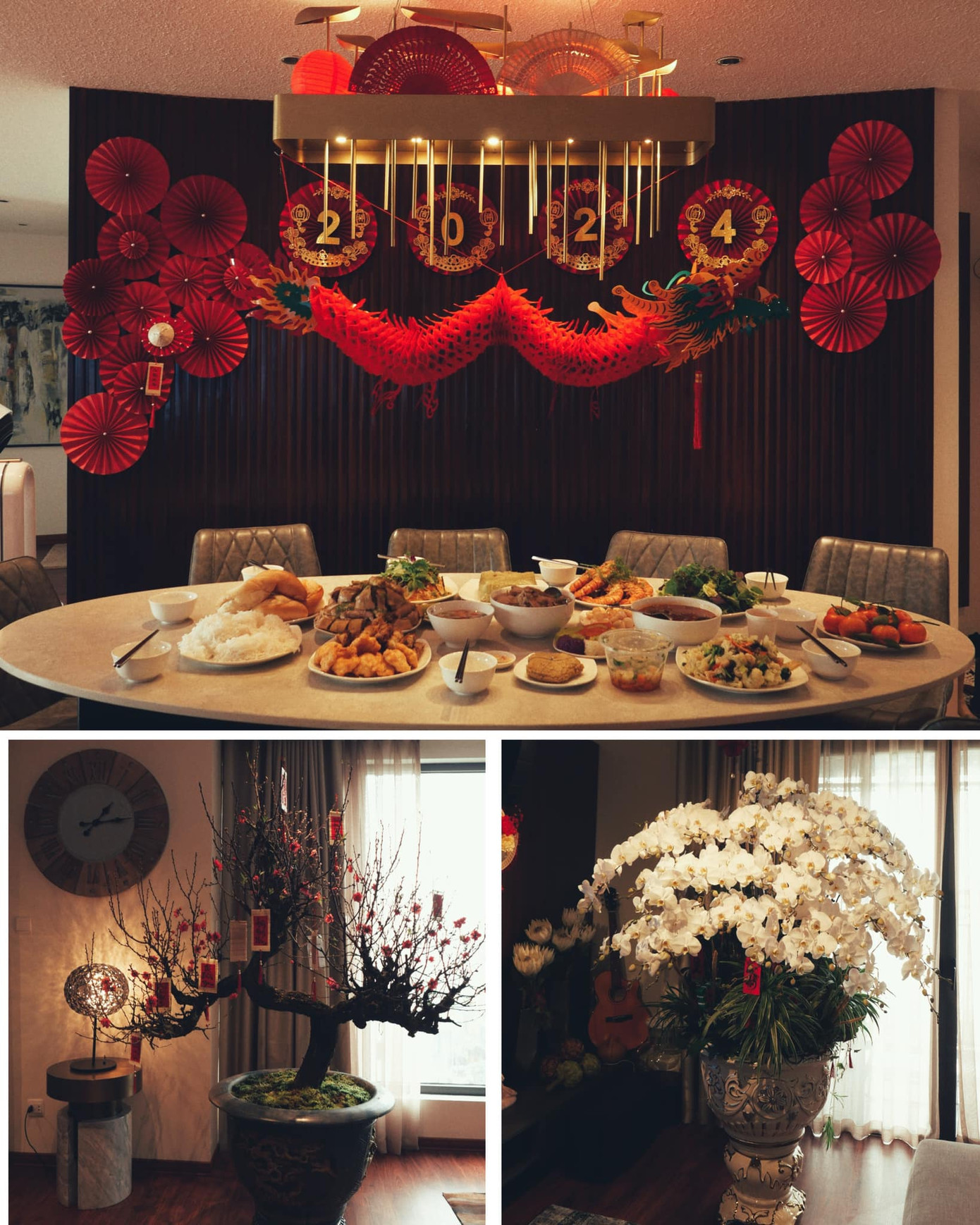 Lệ Quyên chuẩn bị tươm tất cho căn nhà tại Hà Nội với cây đào thế và chậu hoa lớn lớn. Nữ ca sĩ chọn tông màu trầm ấm, kết hợp với bộ trang trí hình rồng.