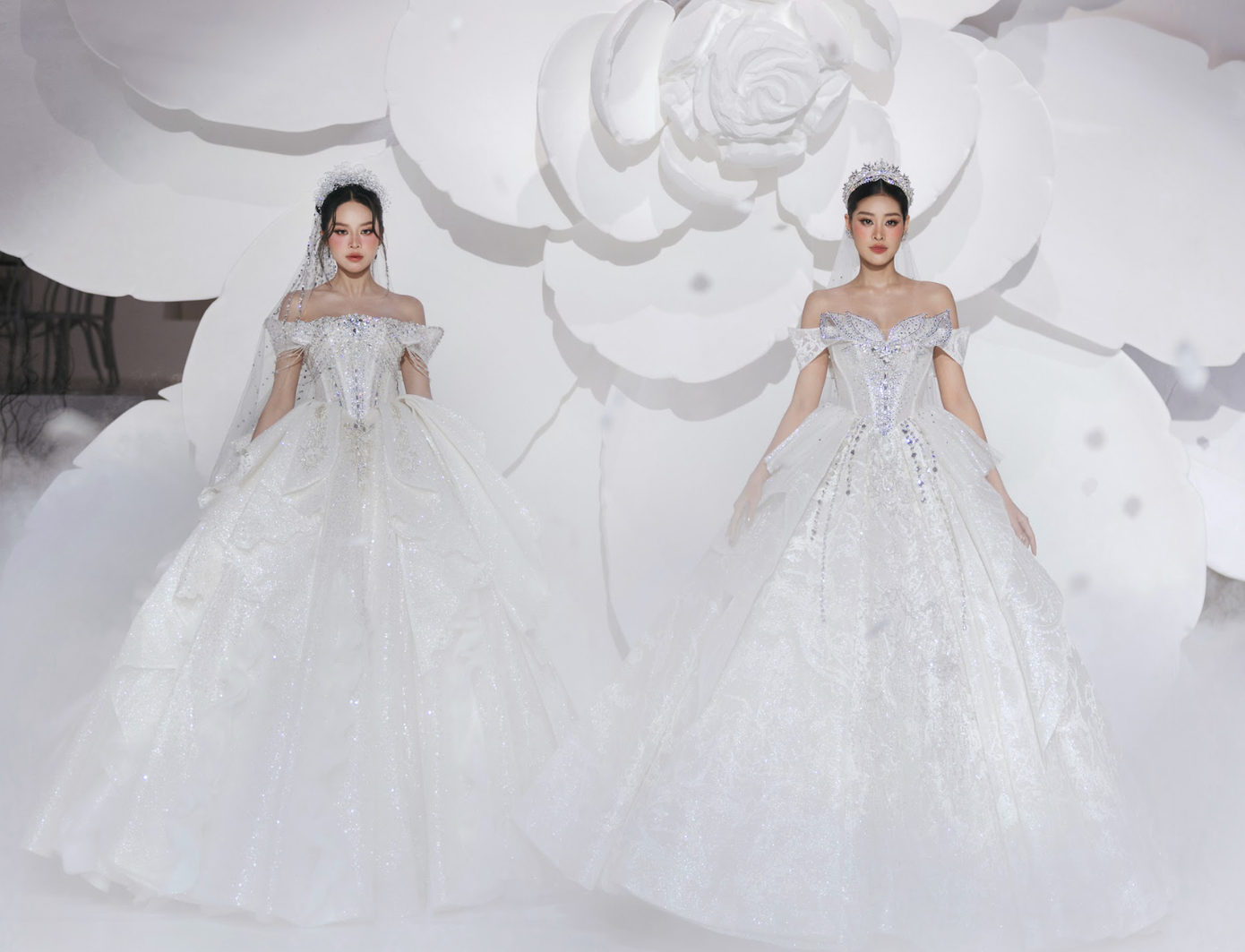 Chương trình mang đến những phần trình diễn bất ngờ khi có tới hai vedette cùng xuất hiện trên sàn diễn là Hoa hậu Thanh Thủy (trái) và Hoa hậu Khánh Vân.