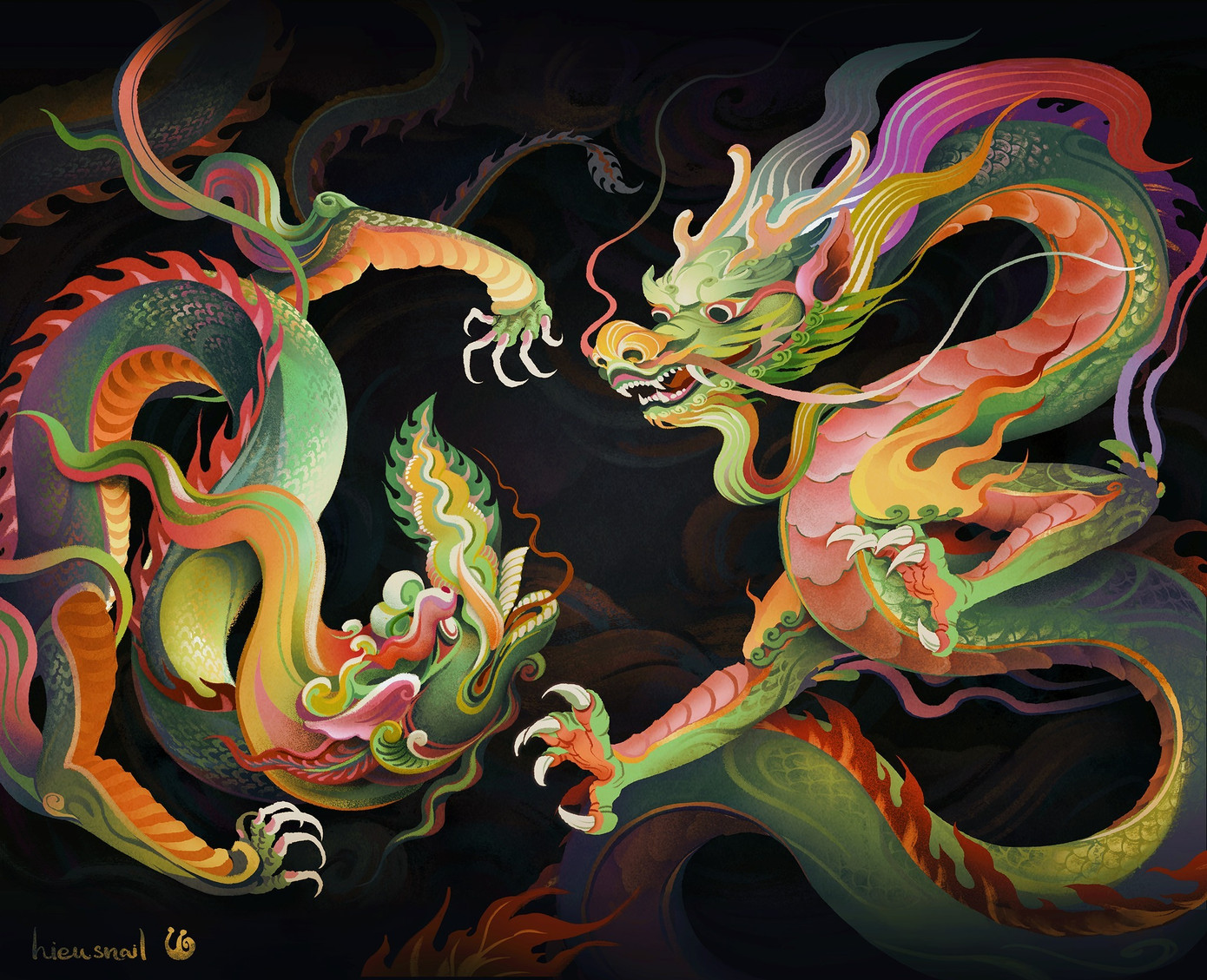 "Nhị Triều Song Long" - bức tranh rồng vẽ theo phong cách mỹ thuật thời Lý và thời Lê của Đại Việt xưa, được lựa chọn trưng bày trong triển lãm Vẽ Con Rồng tại Văn Miếu Quốc Tử Giám và Hoàng Thành Thăng Long. Tranh: Nguyễn Minh Hiệu.