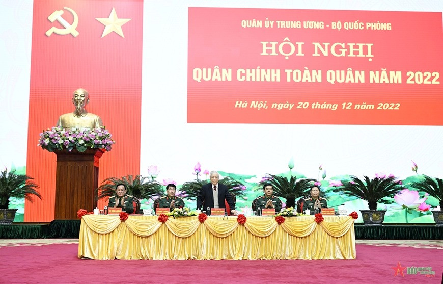 Tổng Bí thư Nguyễn Phú Trọng dự, chỉ đạo Hội nghị Quân chính toàn quân năm 2022. Ảnh: Tuấn Huy