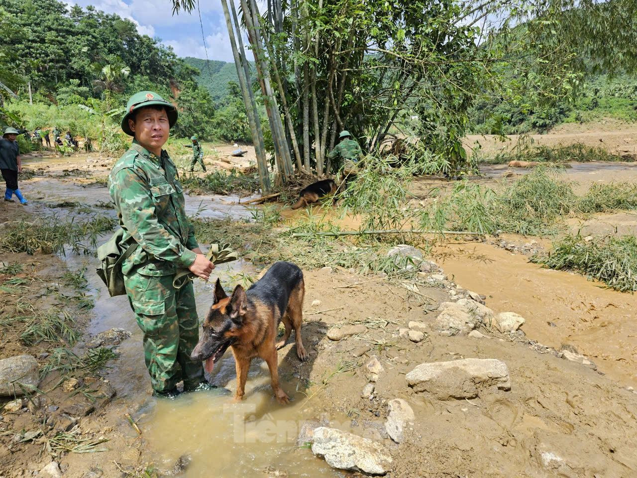 Lực lượng chức năng chia thành nhiều mũi, nỗ lực tìm kiếm nạn nhân xấu số. Khung cảnh tang thương bao trùm thôn Làng Nủ. Ảnh: Hân Nguyễn.