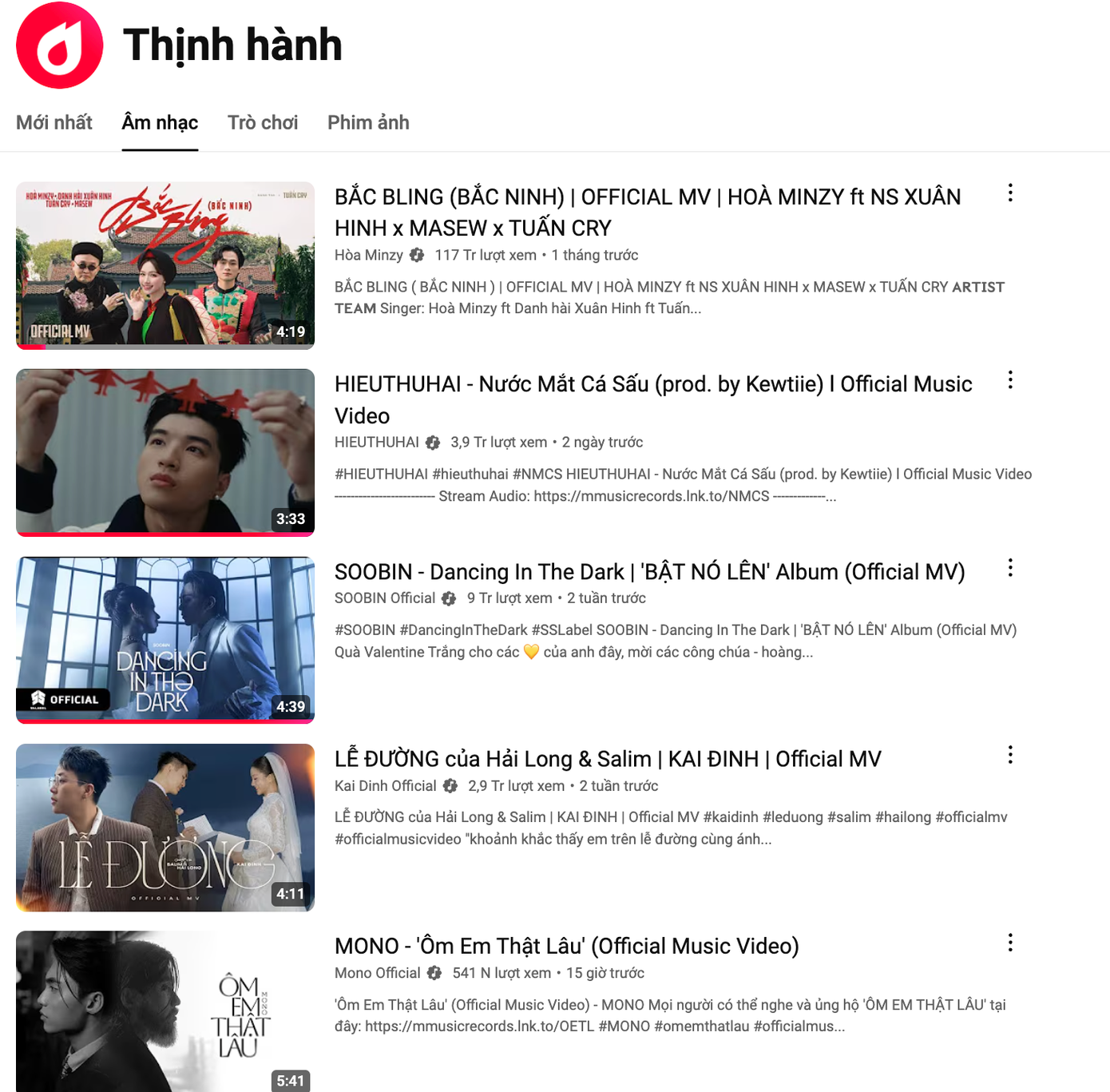 Tình hình bảng trending YouTube Việt Nam mục âm nhạc, ca khúc mới của Mono tiến vào top 5 sau 15h đăng tải, áp sát thứ hạng của Nước mắt cá sấu. Tình hình bảng trending YouTube Việt Nam mục âm nhạc, ca khúc mới của Mono tiến vào top 5 sau 15h đăng tải, áp sát thứ hạng của Nước mắt cá sấu.