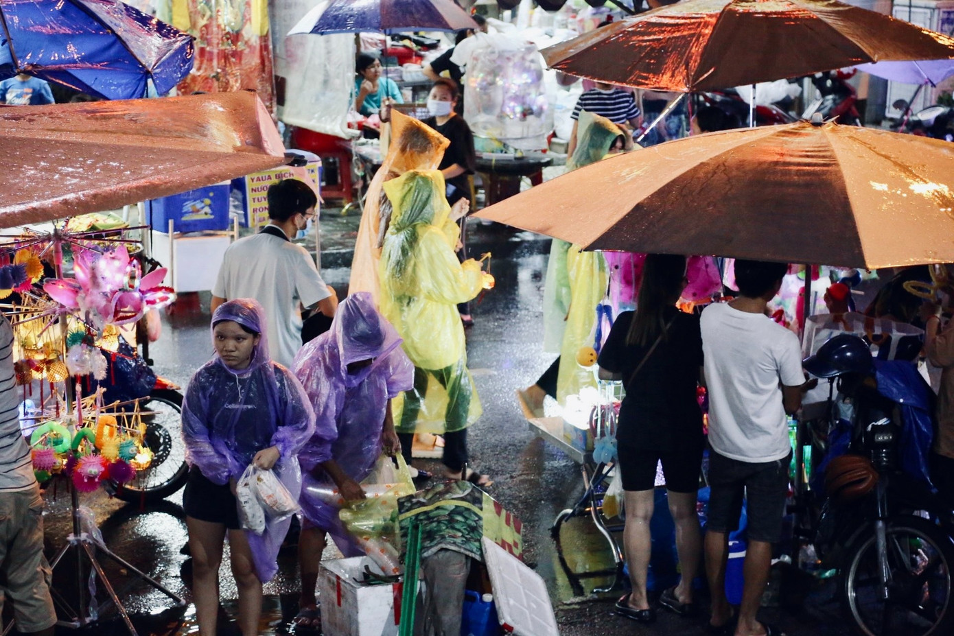 Nhiều gia đình vẫn tranh thủ đưa con em đến tuyến phố để vui chơi, mặc kệ trời vẫn còn mưa rất lớn.