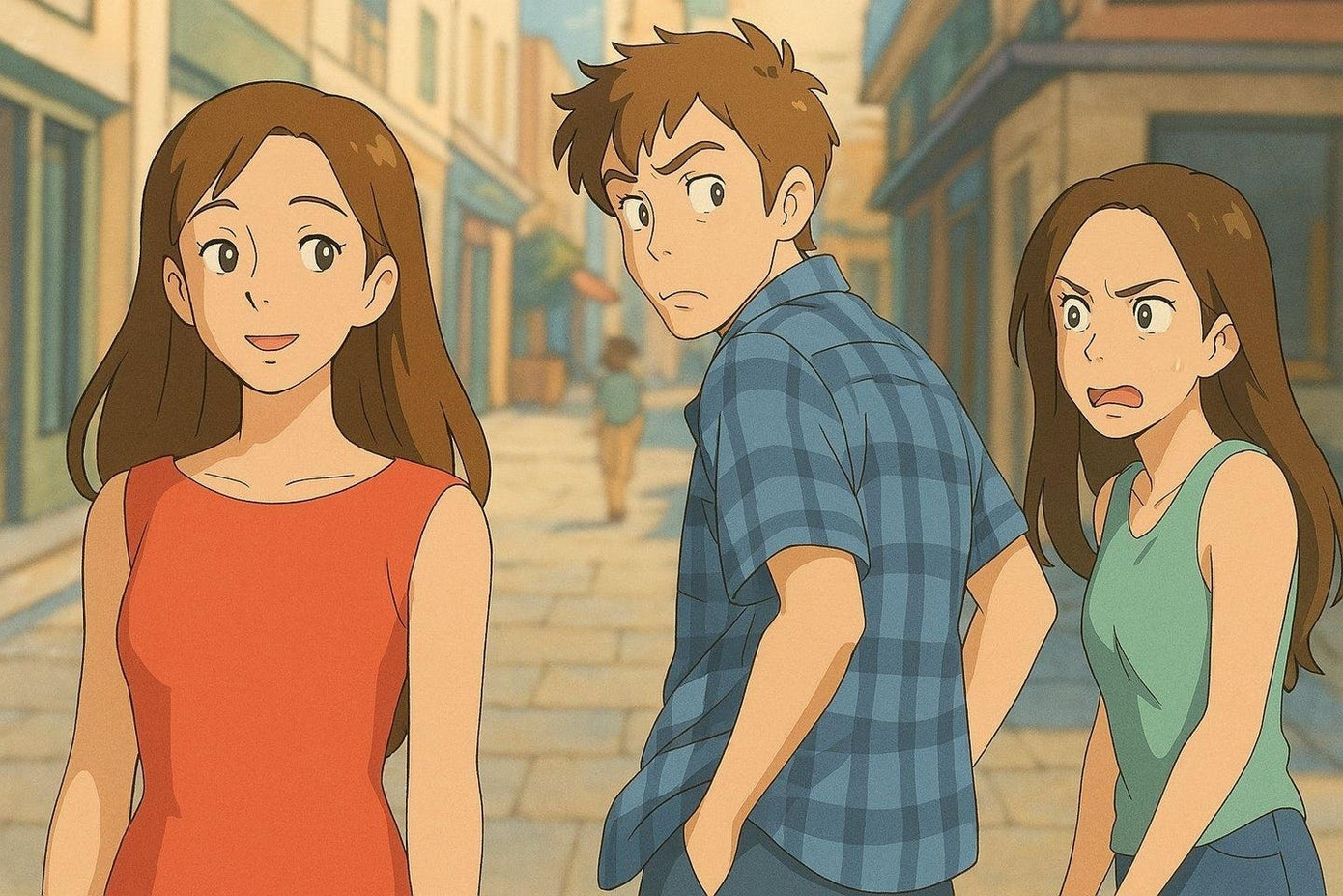 “Distracted boyfriend” (“bạn trai lăng nhăng") - meme được chuyển thành phong cách Ghibli. “Distracted boyfriend” (“bạn trai lăng nhăng") - meme được chuyển thành phong cách Ghibli.