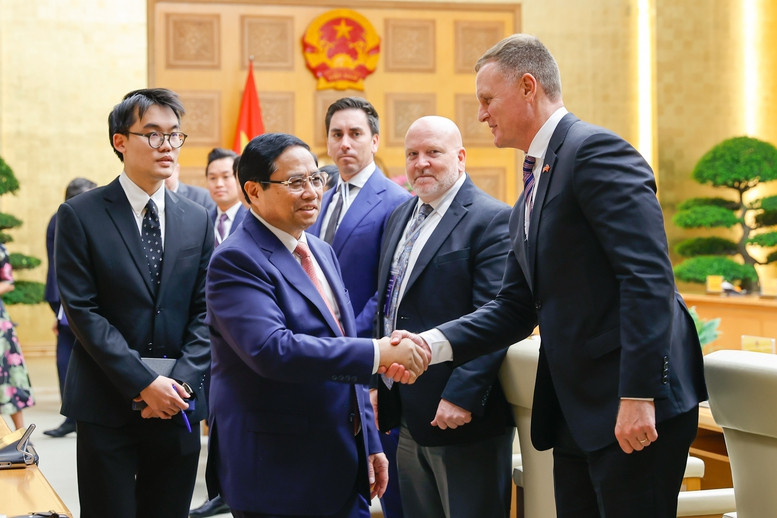 Thủ tướng Phạm Minh Chính tiếp đoàn doanh nghiệp ngành hàng không vũ trụ, quốc phòng, an ninh của Hội đồng Kinh doanh Hoa Kỳ - ASEAN (USABC). Ảnh: VGP/Nhật Bắc.