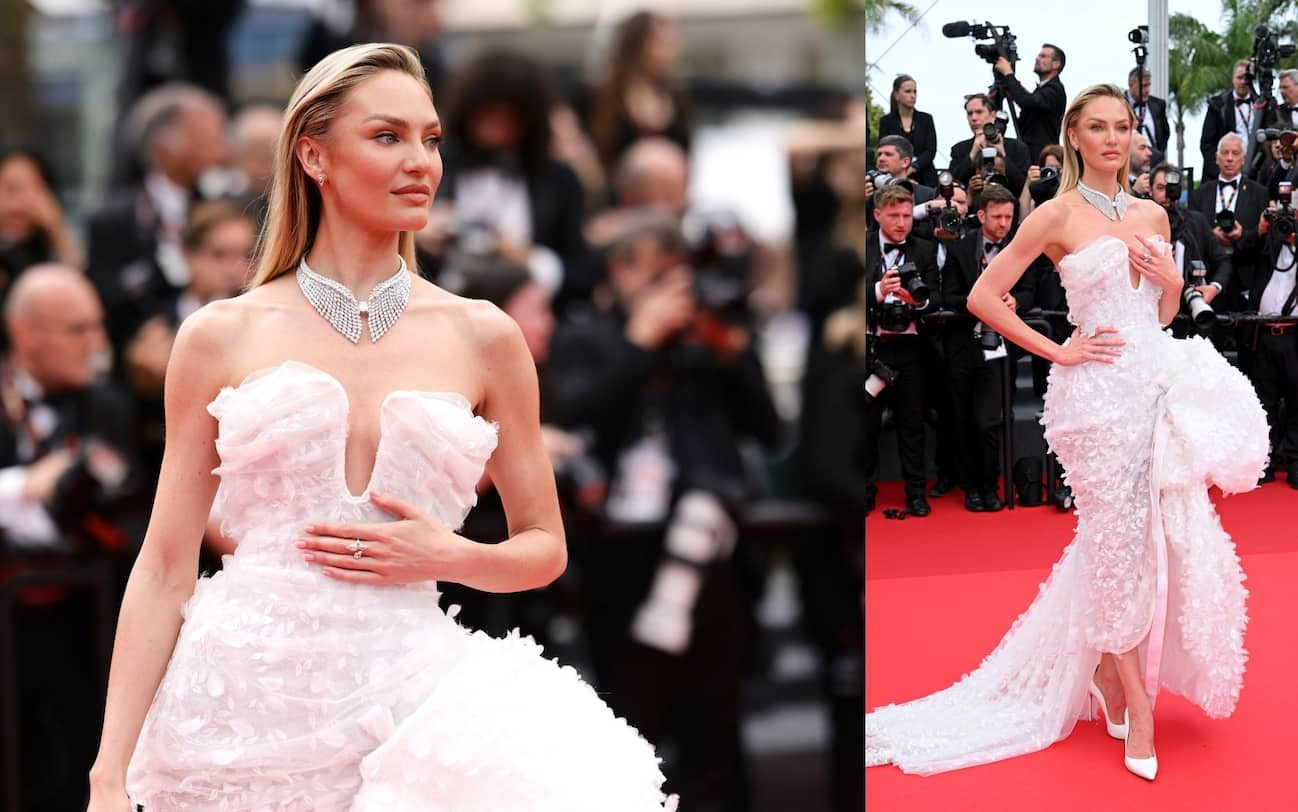 "Thiên nga" Candice Swanepoel thanh lịch tạo dáng trong chiếc váy midi của Vivienne Westwood với phần tà dài quét đất. Phụ kiện tạo điểm nhấn cho Candice Swanepoel là chiếc vòng bằng kim cương có thiết kế hình cổ áo của Messika. "Thiên nga" Candice Swanepoel thanh lịch tạo dáng trong chiếc váy midi của Vivienne Westwood với phần tà dài quét đất. Phụ kiện tạo điểm nhấn cho Candice Swanepoel là chiếc vòng bằng kim cương có thiết kế hình cổ áo của Messika.