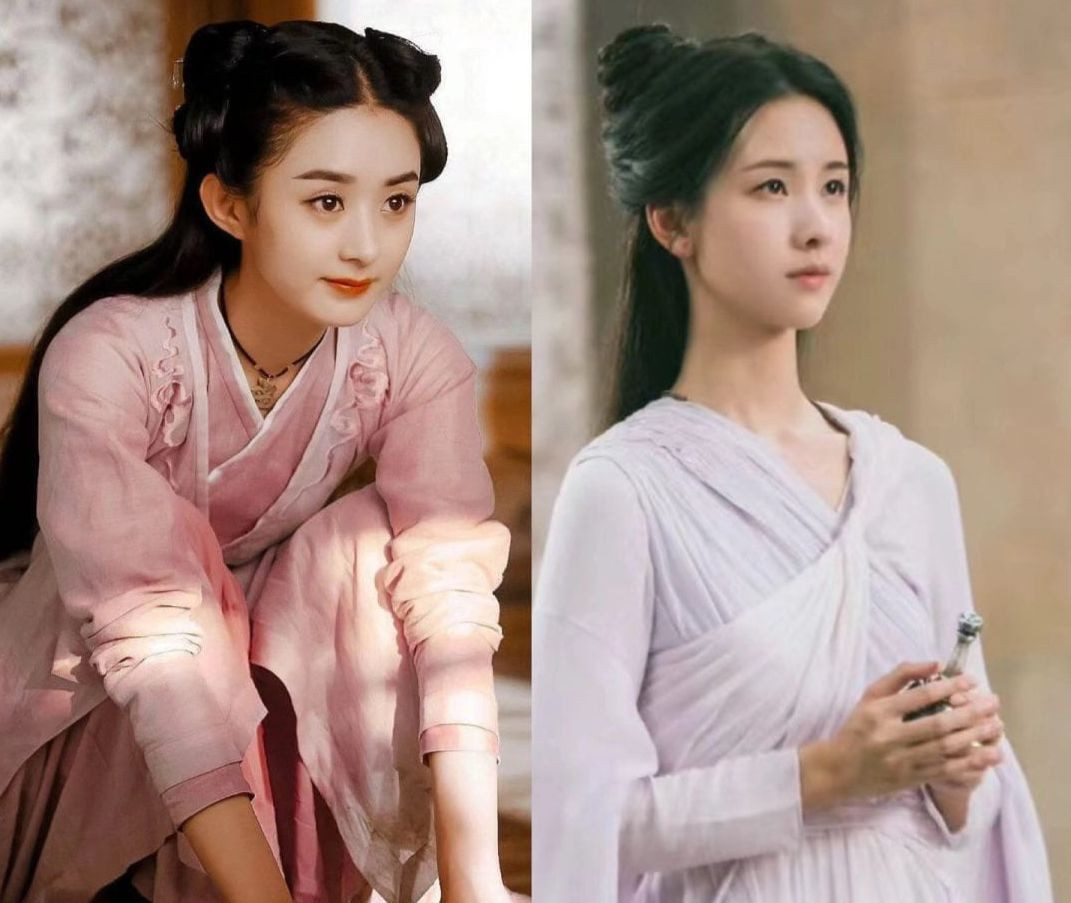 Trần Đô Linh vào vai chính Hoa Thiên Cốt. Đây là thử thách lớn với cô bởi bản truyền hình Triệu Lệ Dĩnh (trái) đã quá thành công. Nữ diễn viên bị chê ánh mắt không linh động, biểu cảm thiếu tinh nghịch, tự nhiên so với diễn xuất của Triệu Lệ Dĩnh.