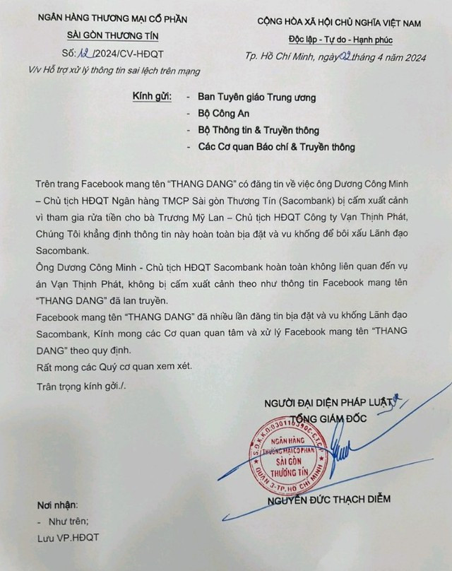 Ngân hàng Sacombank khẳng định những thông tin trên trang Facebook mang tên "THANG DANG" về Sacombank là hoàn toàn bịa đặt, vu khống để bôi xấu lãnh đạo Sacombank và đề nghị các cơ quan chức năng xử lý theo quy định.