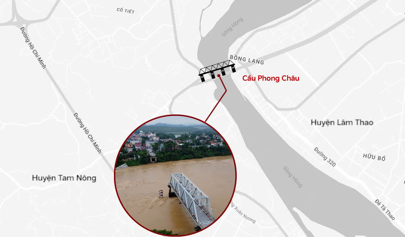 Địa điểm xảy ra vụ sập cầu Phong Châu, Phú Thọ. Ảnh: Phạm Duy. Địa điểm xảy ra vụ sập cầu Phong Châu, Phú Thọ. Ảnh: Phạm Duy.