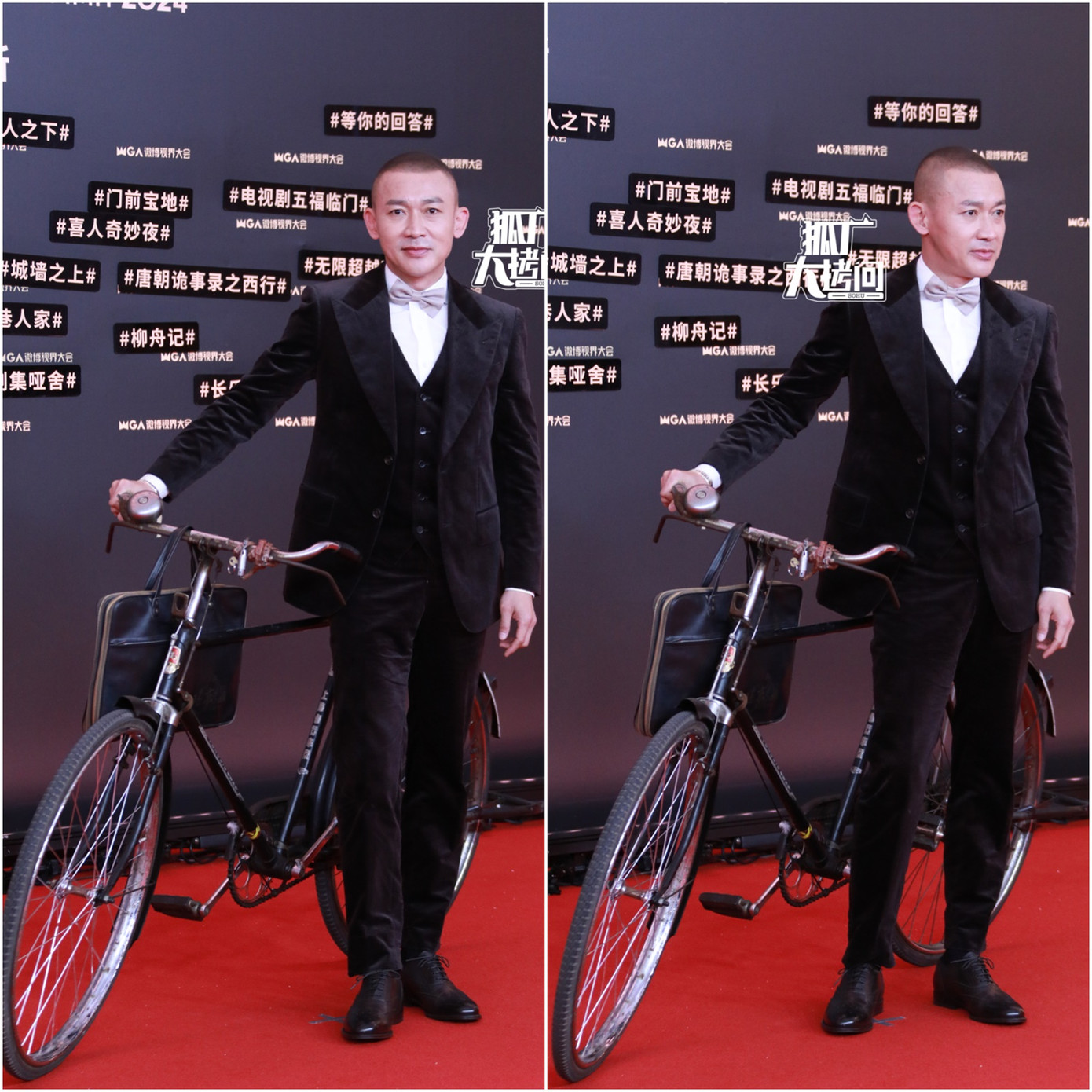 Nhiếp Viễn mặc vest lịch lãm, tạo dáng cùng xe đạp.