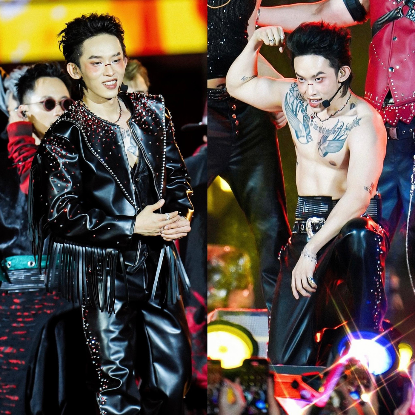 Không thiếu những tiết mục các nghệ sĩ &quot;thiêu đốt&quot; sân khấu. Ca sĩ Kay Trần cởi áo, khoe cơ bụng trên sân khấu Super Star.