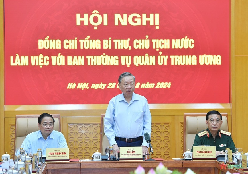 Tổng Bí thư, Chủ tịch nước Tô Lâm, Bí thư Quân ủy Trung ương phát biểu tại hội nghị. Tổng Bí thư, Chủ tịch nước Tô Lâm, Bí thư Quân ủy Trung ương phát biểu tại hội nghị.