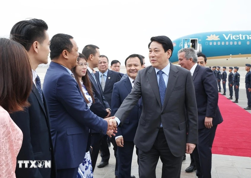 Đại biểu đón Chủ tịch nước Lương Cường tại sân bay quốc tế Jorge Chávez ở thủ đô Lima. (Ảnh: Lâm Khánh/TTXVN) Đại biểu đón Chủ tịch nước Lương Cường tại sân bay quốc tế Jorge Chávez ở thủ đô Lima. (Ảnh: Lâm Khánh/TTXVN)