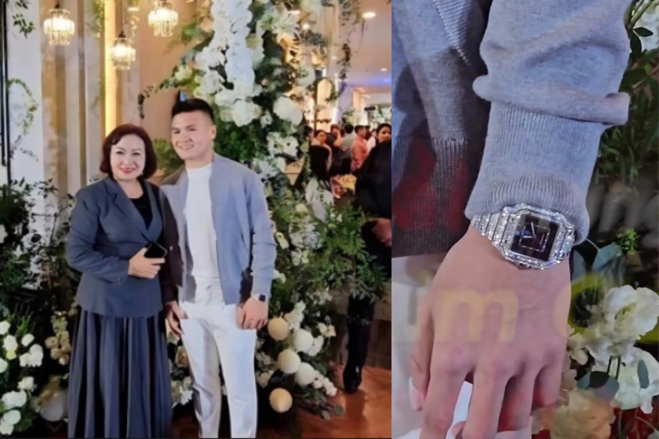 Trên tay Quang Hải đeo đồng hồ Cartier Santos de Cartier Blue Dial, nạm kim cương, khung vỏ được chế tác từ thép không gỉ nguyên khối. Anh diện khi dự đám cưới Đoàn Văn Hậu hồi tháng 11. Mức giá thị trường cho chiếc đồng hồ này là 189 triệu đồng.