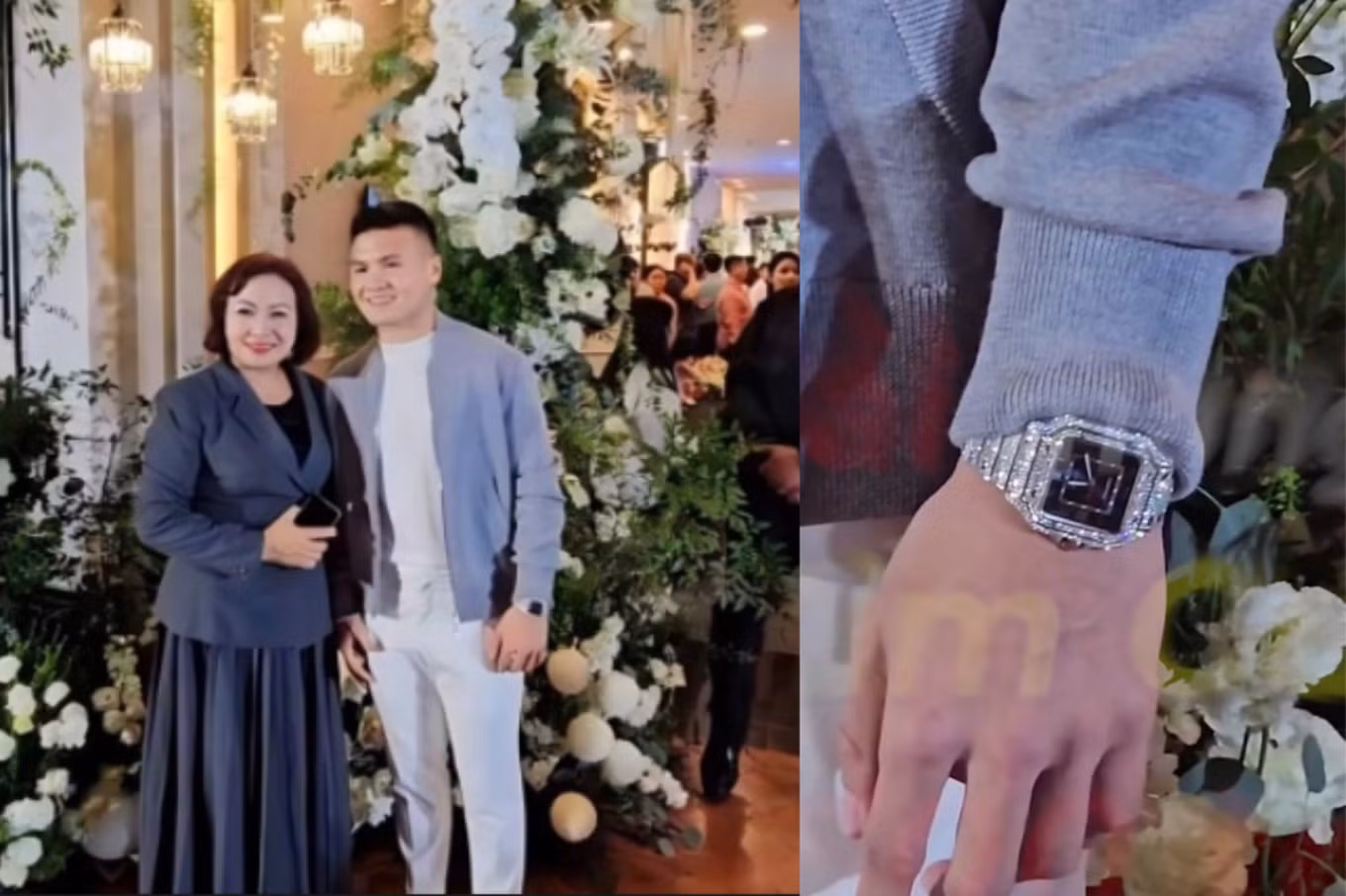 Trên tay Quang Hải đeo đồng hồ Cartier Santos de Cartier Blue Dial, nạm kim cương, khung vỏ được chế tác từ thép không gỉ nguyên khối. Anh diện khi dự đám cưới Đoàn Văn Hậu hồi tháng 11. Mức giá thị trường cho chiếc đồng hồ này là 189 triệu đồng.