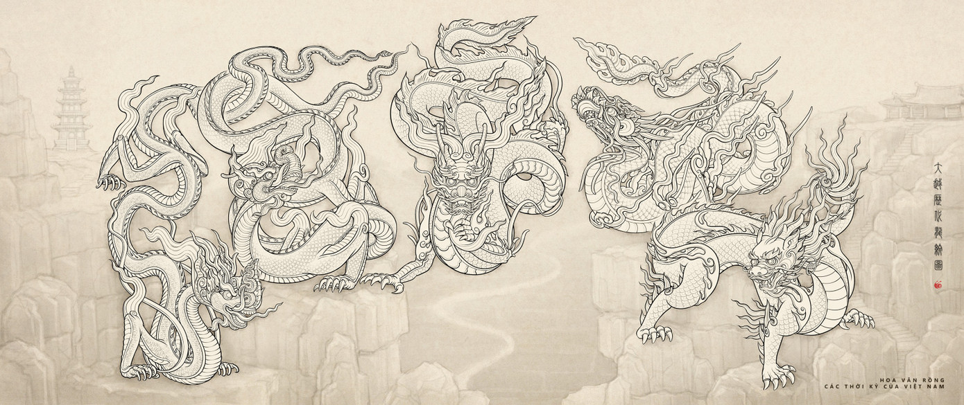Hình tượng Rồng Việt Nam qua các triều đại. Từ trái qua phải: Rồng Lý, Trần, Lê Sơ, Lê Trung Hưng, Nguyễn. Tranh: Nguyễn Minh Hiệu.