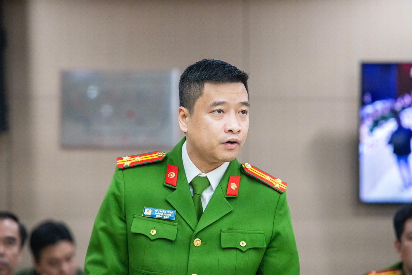 Thượng tá Vũ Thanh Tùng, Phó cục trưởng C03, Bộ Công an trả lời tại cuộc họp báo.