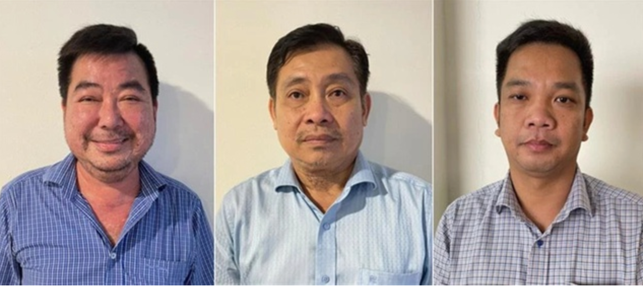 Các bị can (từ trái sang phải): Lê Quang Bình (Chủ tịch Cty Trung Hậu 68) ; Võ Truyền Thống (Phó Tổng Giám đốc); Nguyễn Tấn Lịnh (Giám đốc điều hành mỏ). Ảnh: Bộ Công an Các bị can (từ trái sang phải): Lê Quang Bình (Chủ tịch Cty Trung Hậu 68) ; Võ Truyền Thống (Phó Tổng Giám đốc); Nguyễn Tấn Lịnh (Giám đốc điều hành mỏ). Ảnh: Bộ Công an